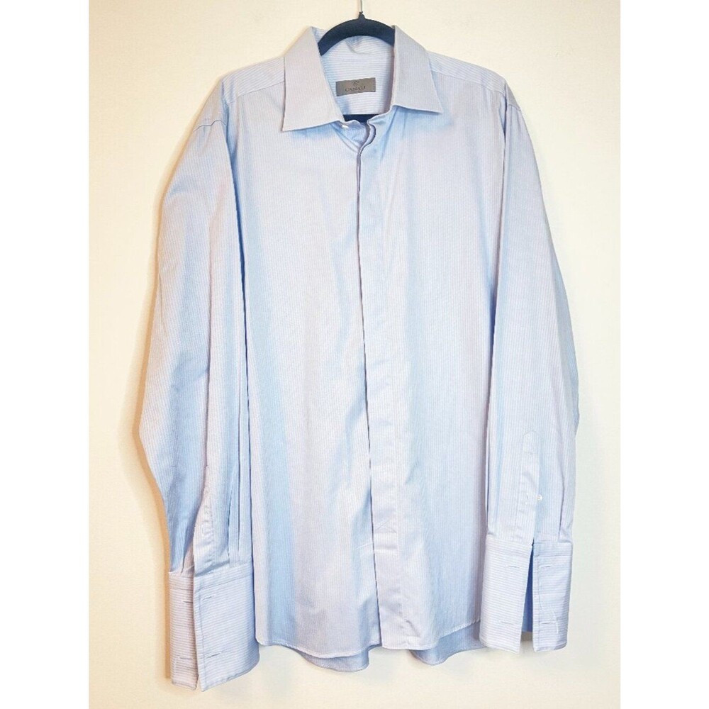 Canali Light Blue Herringbone Dress Shirt Men's 44 17.5 Made in Italy